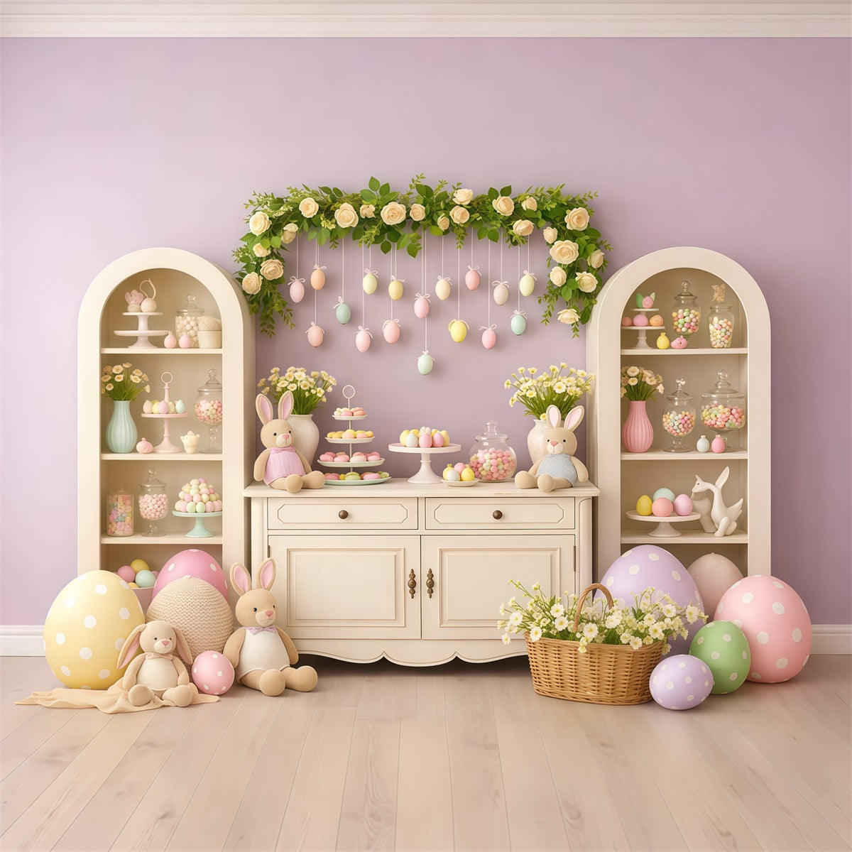 Fond Photo Pâques Présentoir Lapin Macaron Lavande LXX62-63