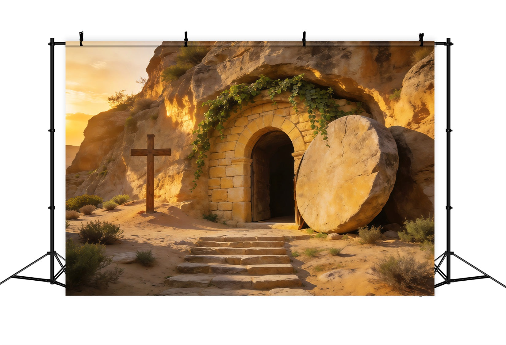 Toile de fond Studio Pâques Croix Grotte Vide Lever de Soleil Doré LXX62-64