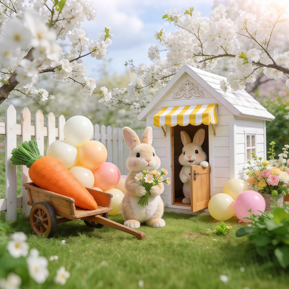 Fond Photo Pâques Cottage Jardin Lapin Fleur de Cerisier LXX62-68