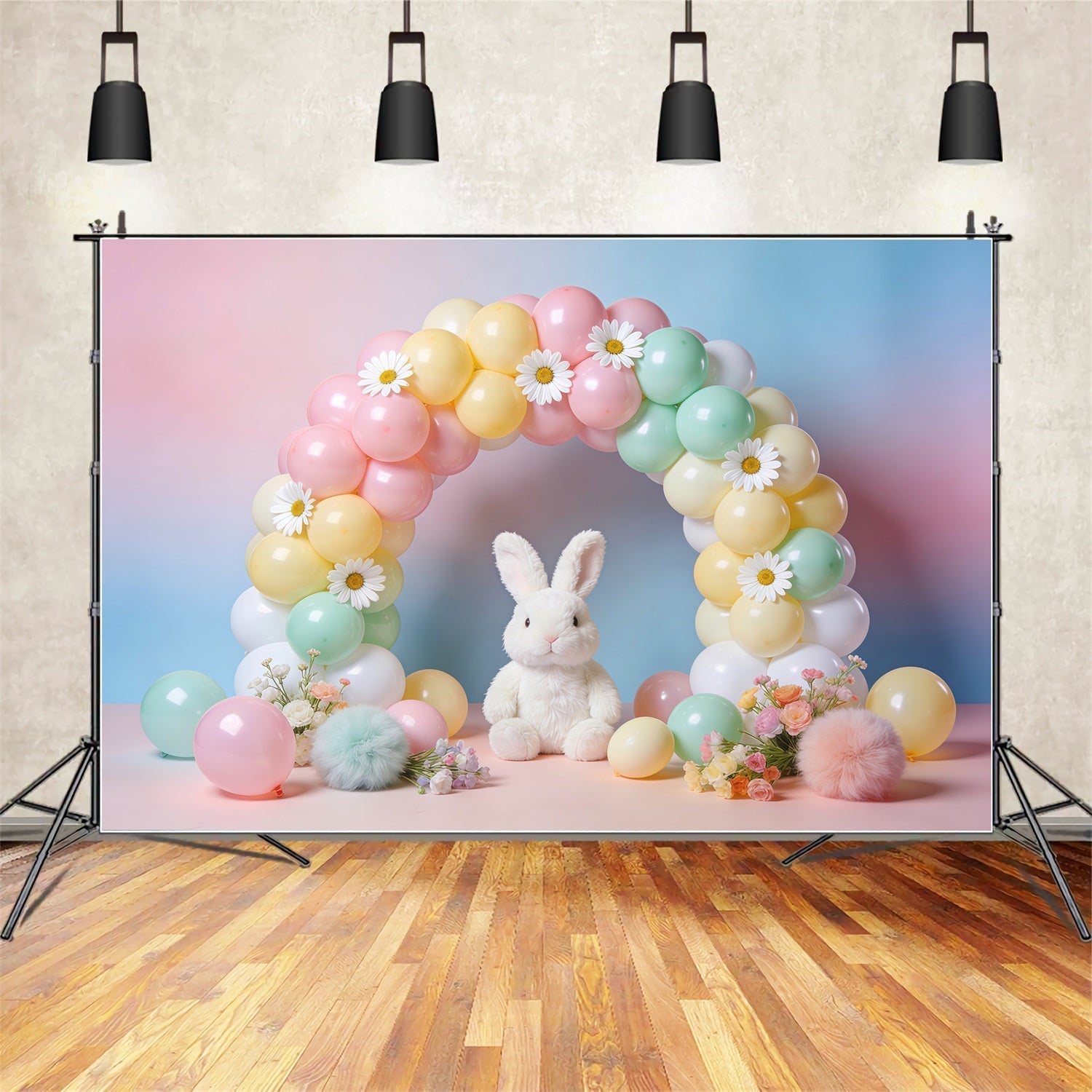 Toile de fond Photo Pâques Arche Marguerites Lapin Fleurs LXX62-70