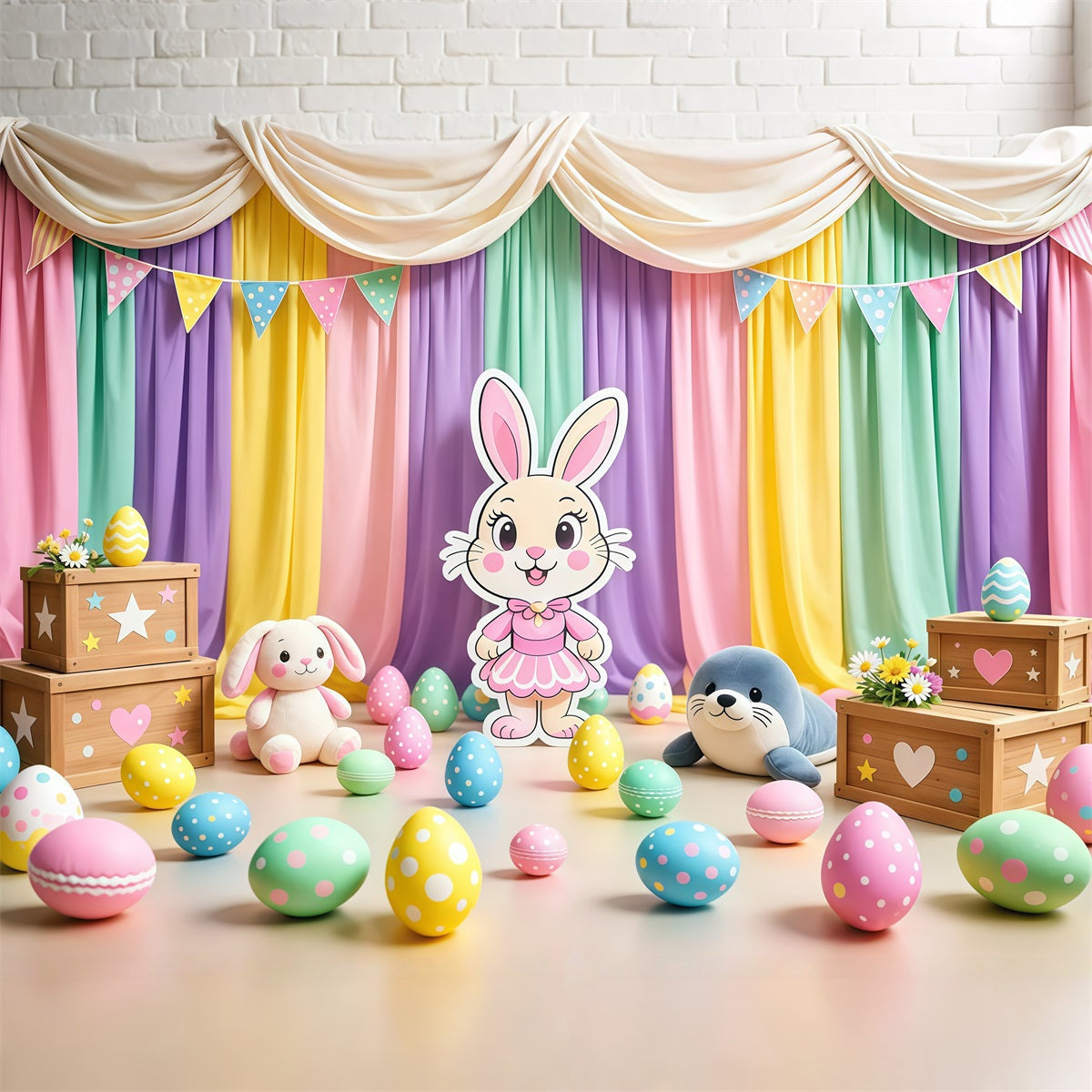 Toile de fond Pâques Scène Lapin Dessin Animé Rideau Pastel LXX62-72