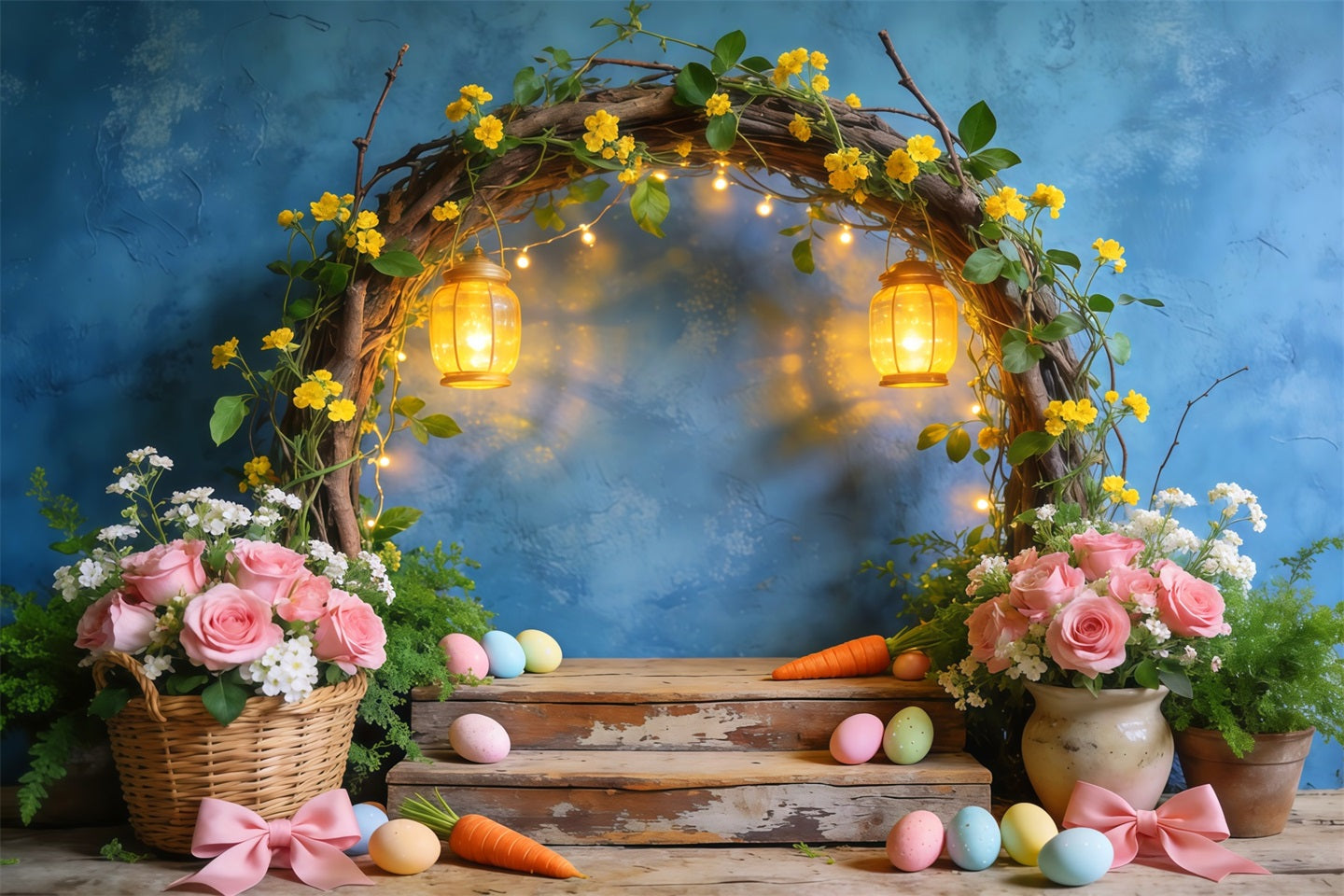 Fond Photo Pâques Présentoir Arche Lanternes Florales Rustiques LXX62-73