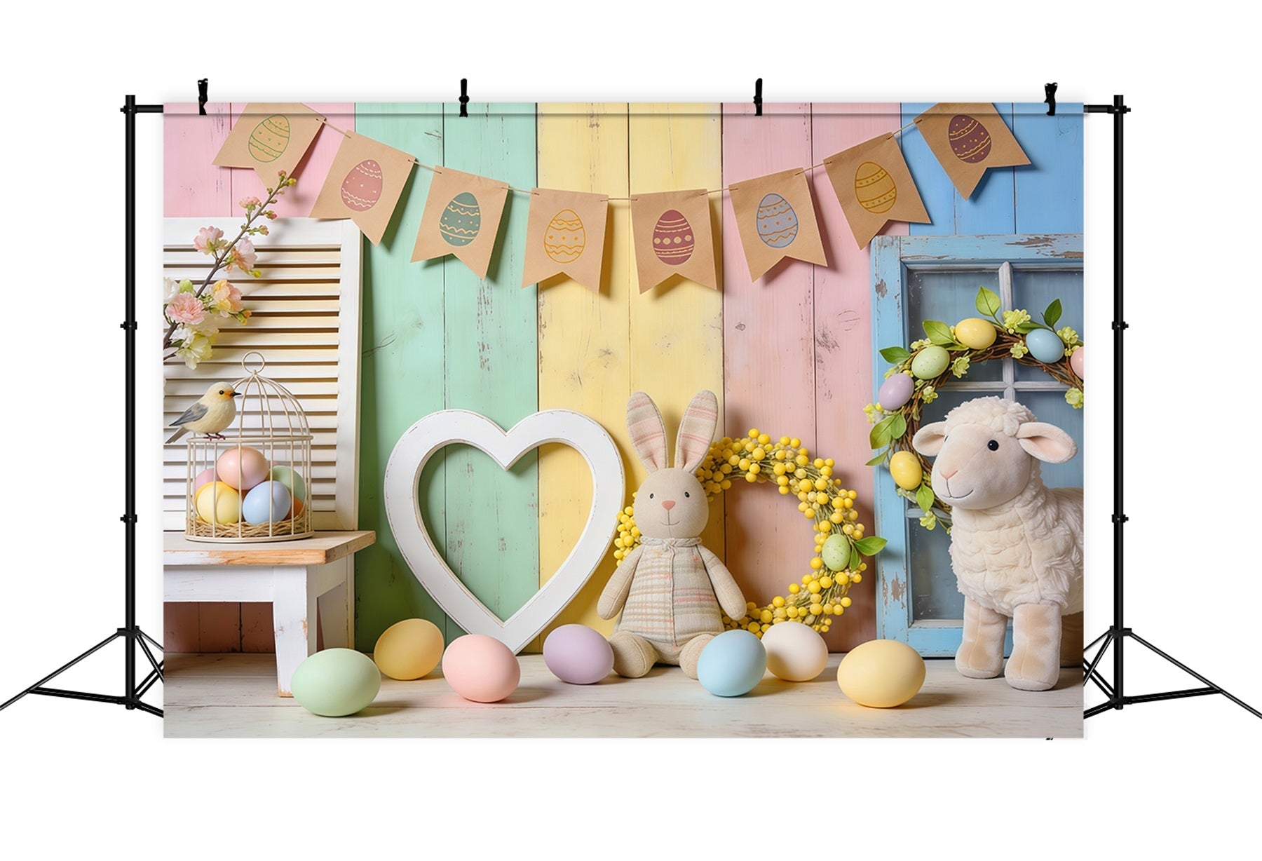 Toile de fond Studio Pâques Décor Lapin Cœur Bois Pastel LXX62-74