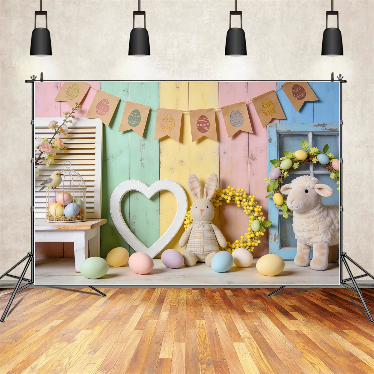 Toile de fond Studio Pâques Décor Lapin Cœur Bois Pastel LXX62-74