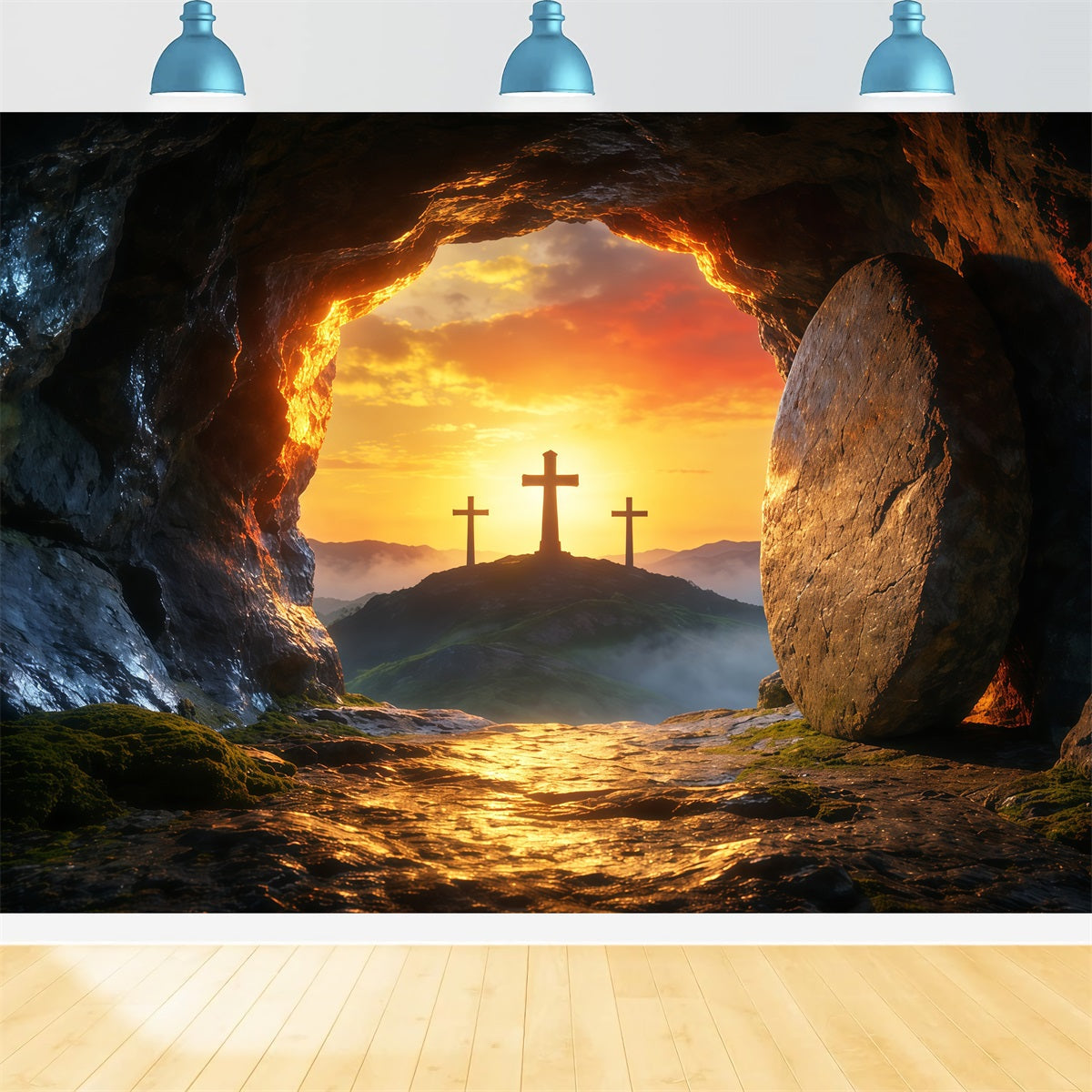 Toile de fond Photo Pâques Trois Croix Grotte Vide Lever de Soleil LXX62-85