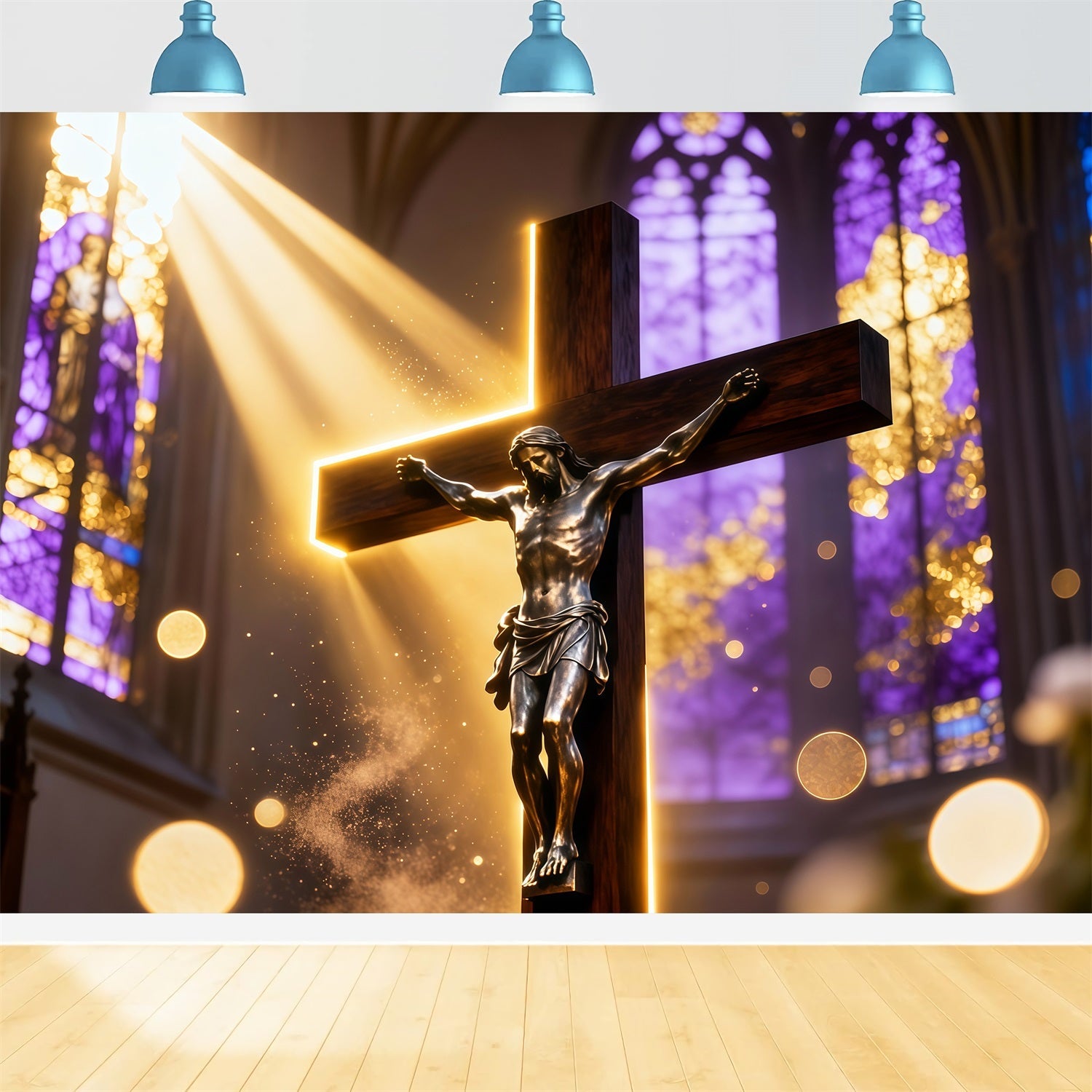 Fond Studio Pâques Crucifix Cathédrale Lumière Dorée LXX62-86