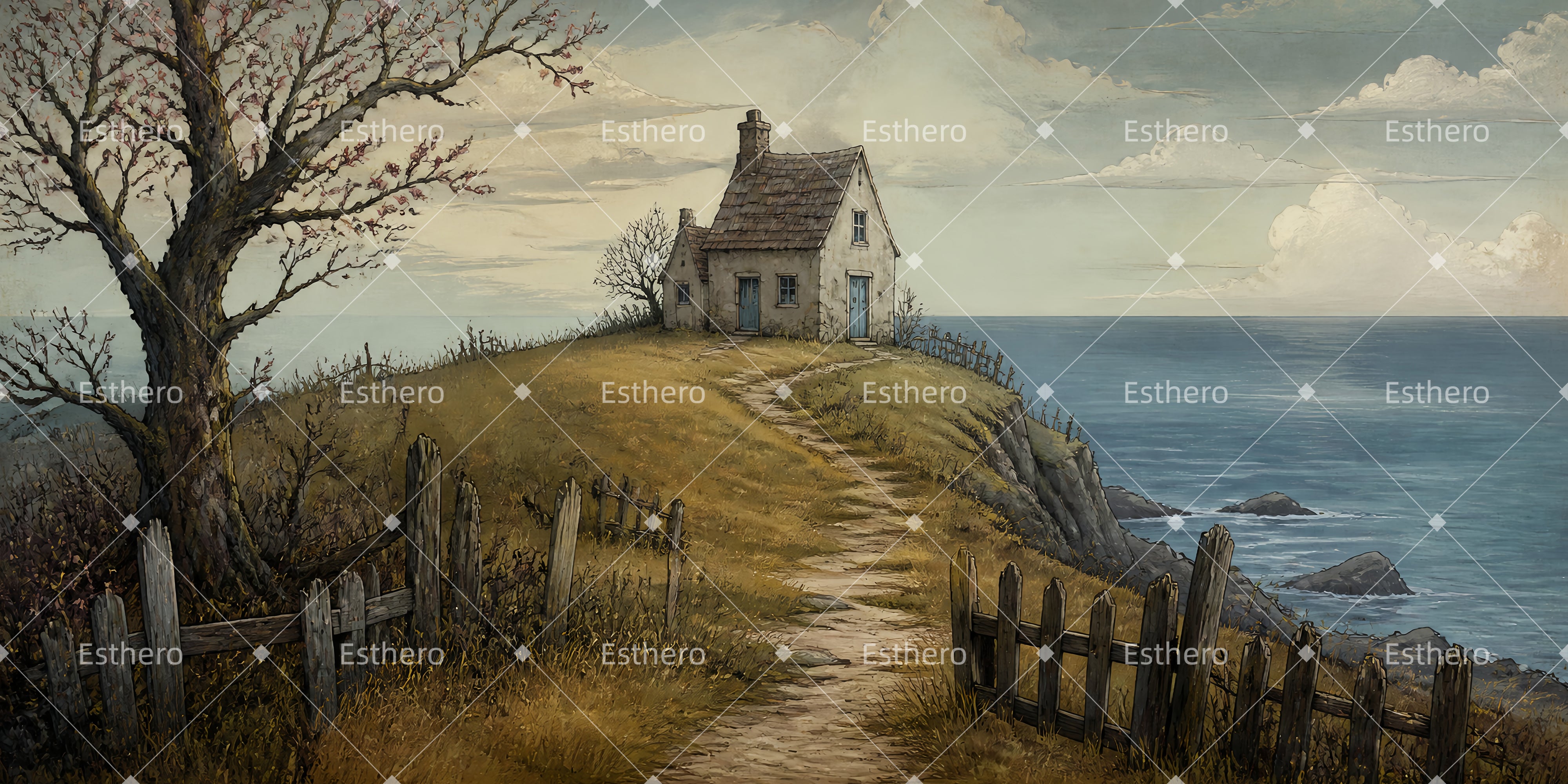 Toile de fond théâtre cottage bord de mer colline décor LXX65-T41