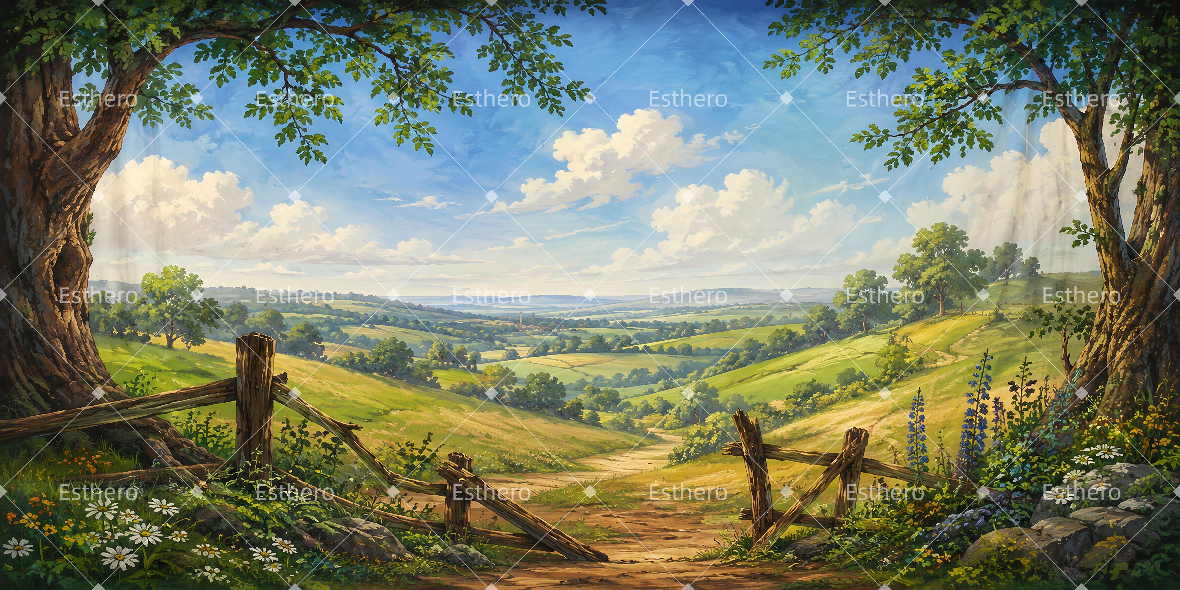 Toile de fond théâtre paysage campagne clôture sentier LXX65-T42