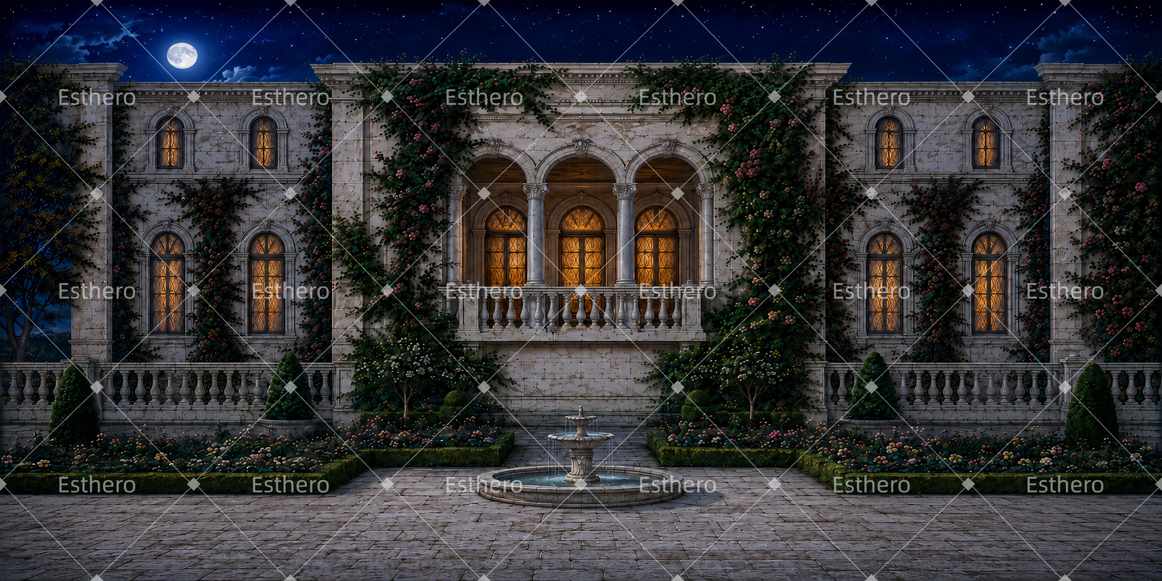 Toile de fond cour de manoir au clair de lune décor de cinéma LXX65-T77