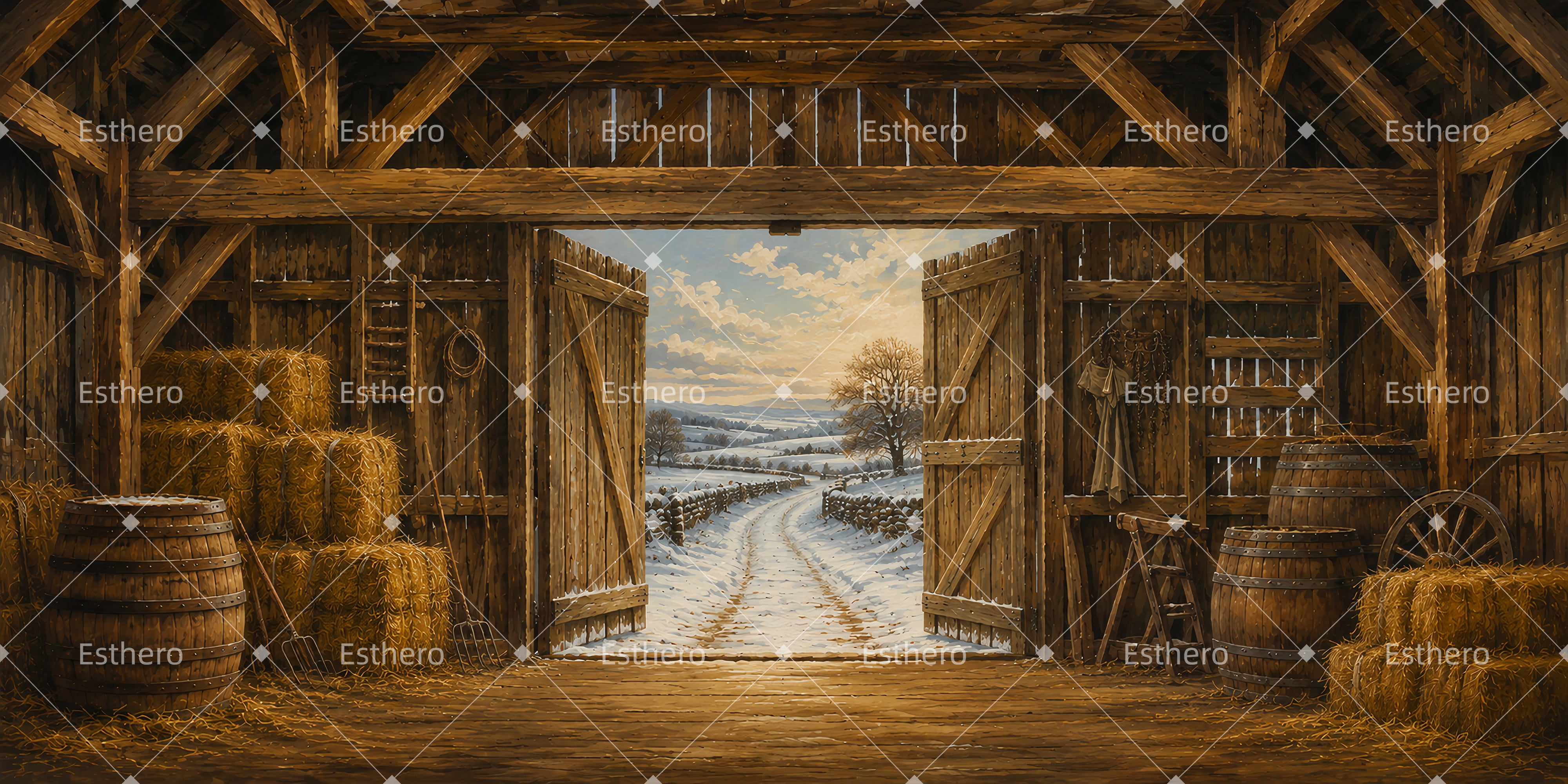 Toile de Fond Grange Rustique Enneigée Décor de Spectacle LXX66-T61