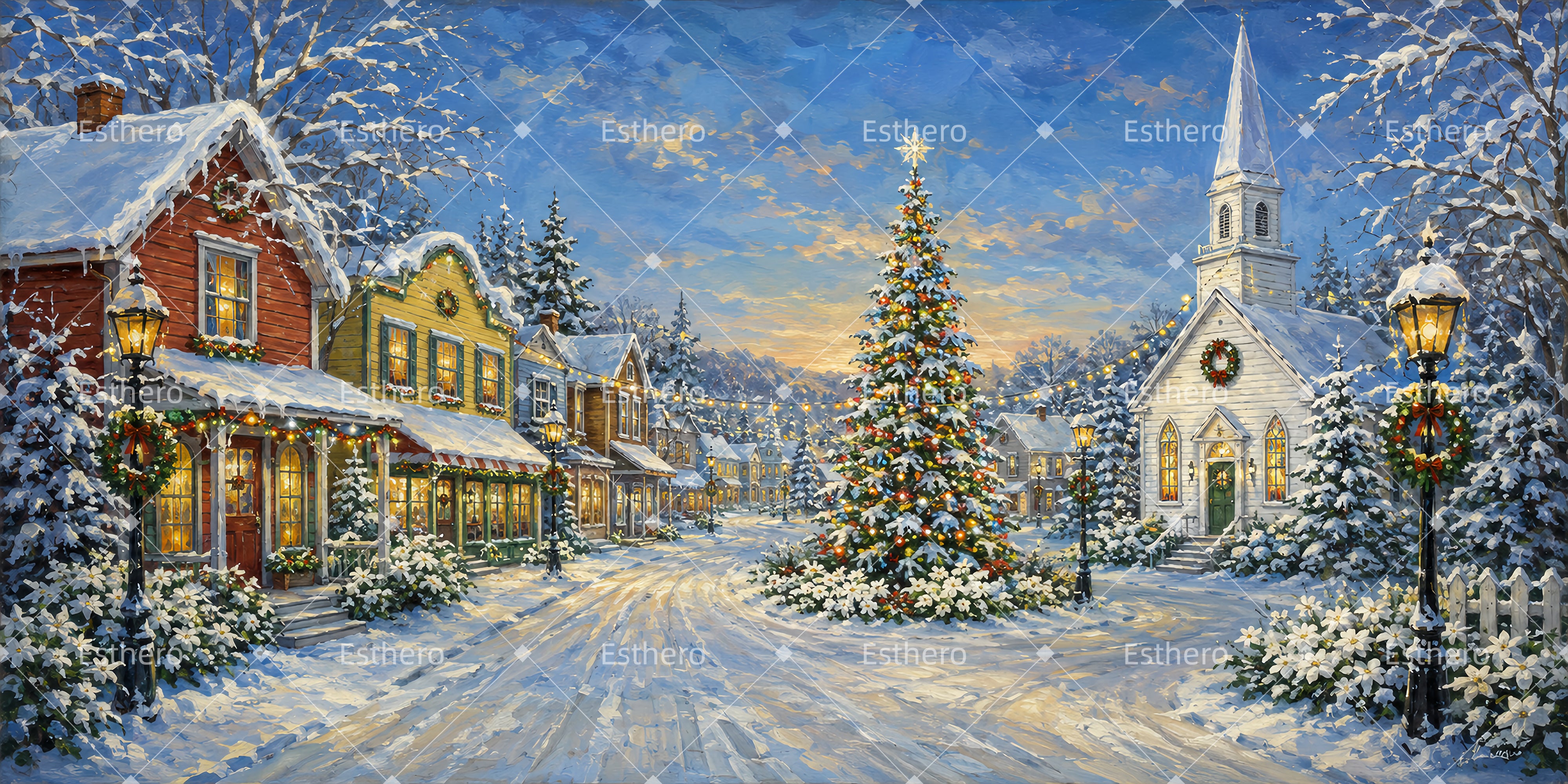 Décor de Noël Place de Village Enneigée pour Théâtre LXX66-T67