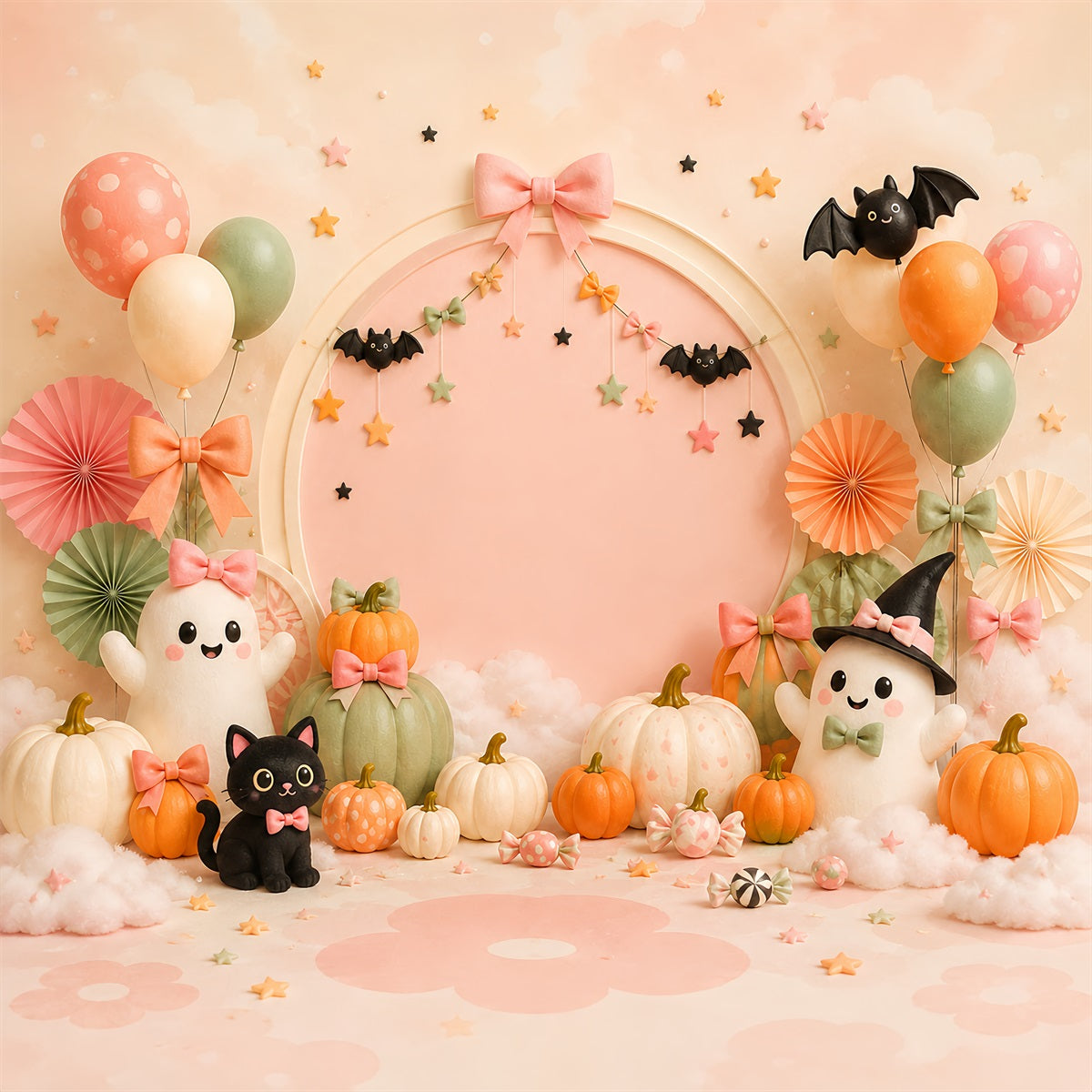 Fond Photo D'Halloween Mignon Fantôme Pastel Chat Et Citrouilles LXX67-123