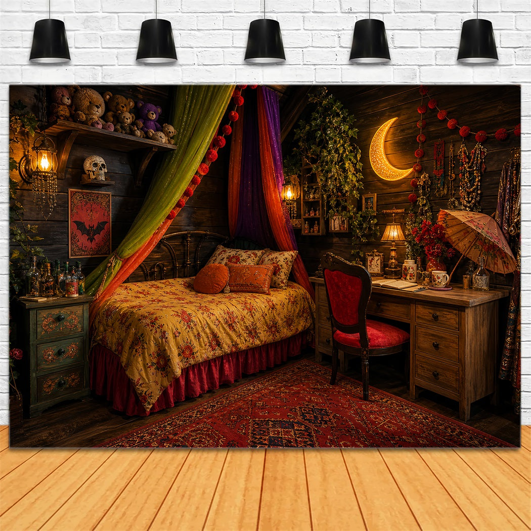 Fond Photo D'Halloween Mignon Style Bohème Sorcière Chambre Clair De Lune Halloween LXX67-13