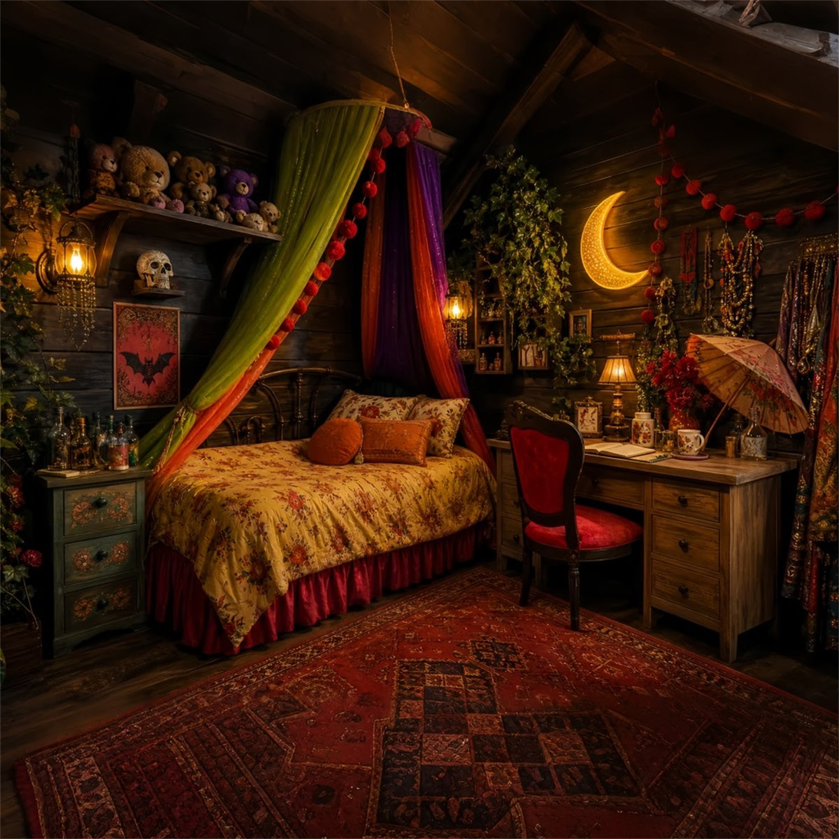 Fond Photo D'Halloween Mignon Style Bohème Sorcière Chambre Clair De Lune Halloween LXX67-13