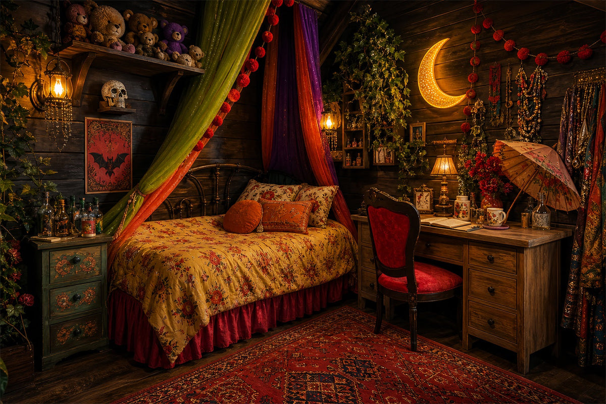 Fond Photo D'Halloween Mignon Style Bohème Sorcière Chambre Clair De Lune Halloween LXX67-13