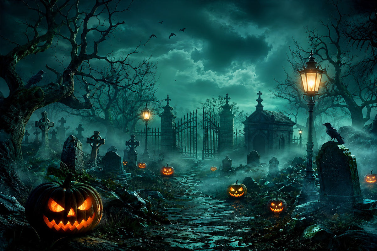 Décor De Cimetière Personnalisé Pour Halloween Porte De Cimetière Brumeuse Et Citrouilles LXX67-14
