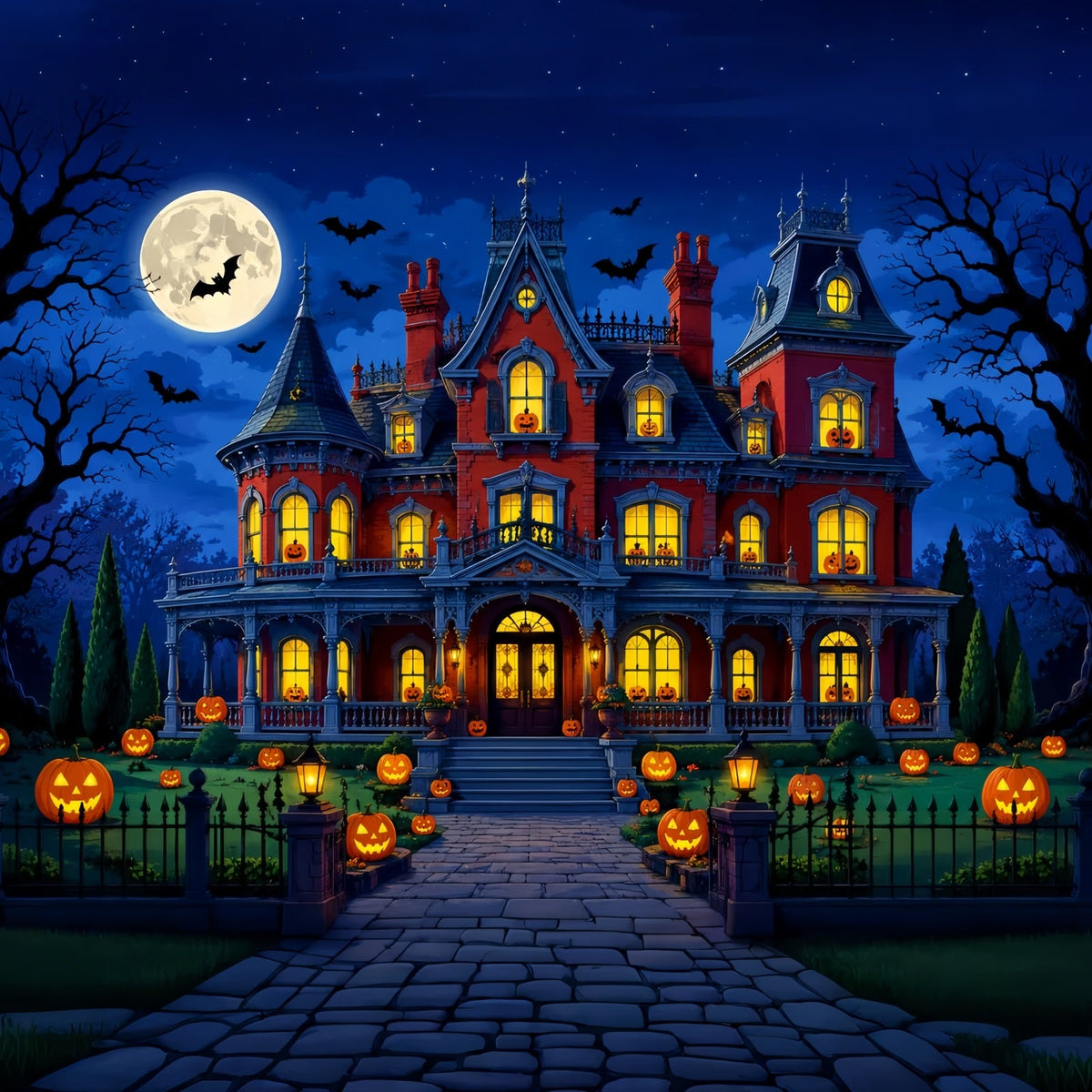 Décor De Fond Pour Photomaton D'Halloween Jardin De Manoir Avec Citrouilles Au Clair De Lune Halloween LXX67-143