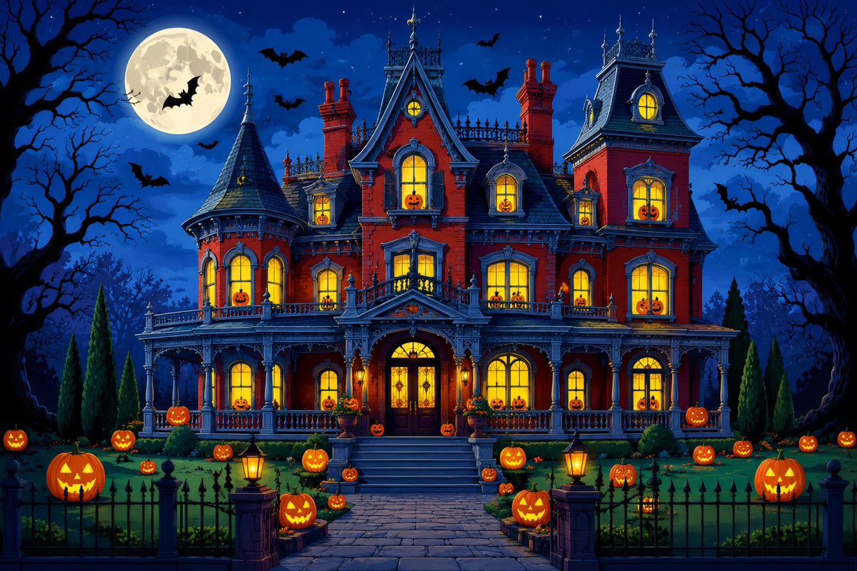 Décor De Fond Pour Photomaton D'Halloween Jardin De Manoir Avec Citrouilles Au Clair De Lune Halloween LXX67-143