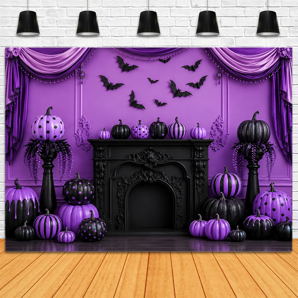 Décor De Scène D'Halloween Citrouille Violette Cheminée Gothique Décors De Photographie D'Halloween LXX67-144