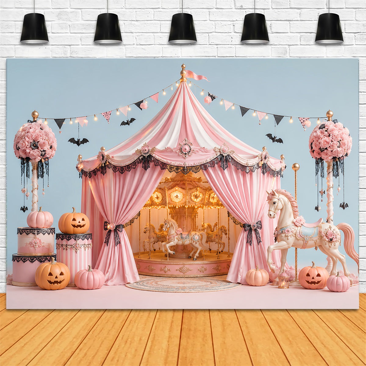 Décors D'Halloween Pour Photos CaRRousel Rose Tente Citrouille Décor De Cirque D'Halloween LXX67-148