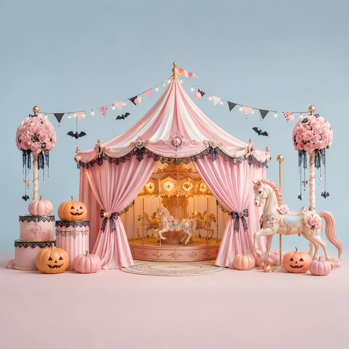 Décors D'Halloween Pour Photos CaRRousel Rose Tente Citrouille Décor De Cirque D'Halloween LXX67-148