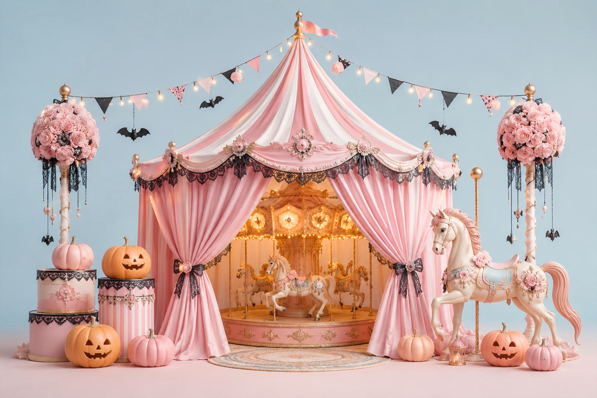 Décors D'Halloween Pour Photos CaRRousel Rose Tente Citrouille Décor De Cirque D'Halloween LXX67-148
