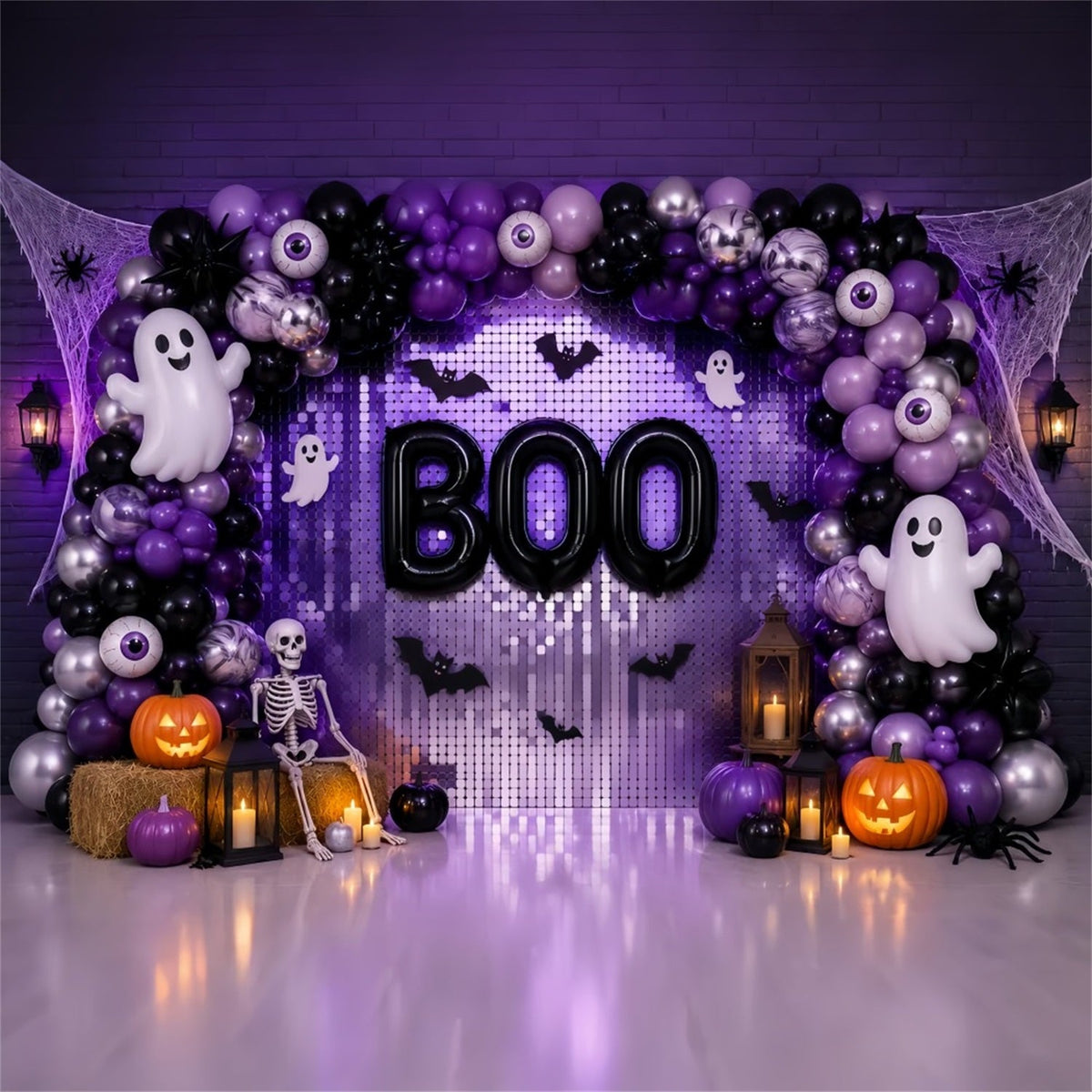 Idées De Décors Pour Photomaton D'Halloween Fond Photo Fantôme Violet Avec Ballons Idéal LXX67-15