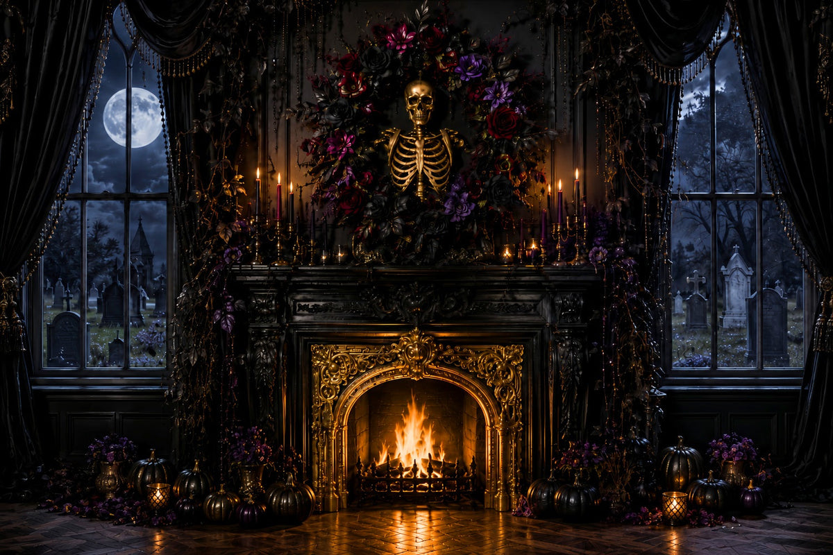 Décor Photographique D'Halloween Squelette Fleurs Cheminée Gothique Décor Effrayant LXX67-151