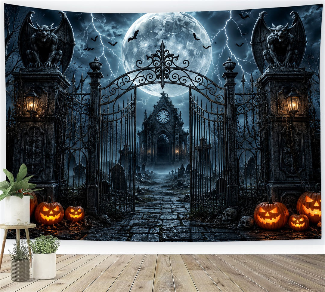 Idées De Décors Photo Pour Une Fête D'Halloween Porte De Cimetière Orageuse Avec Gargouille LXX67-154