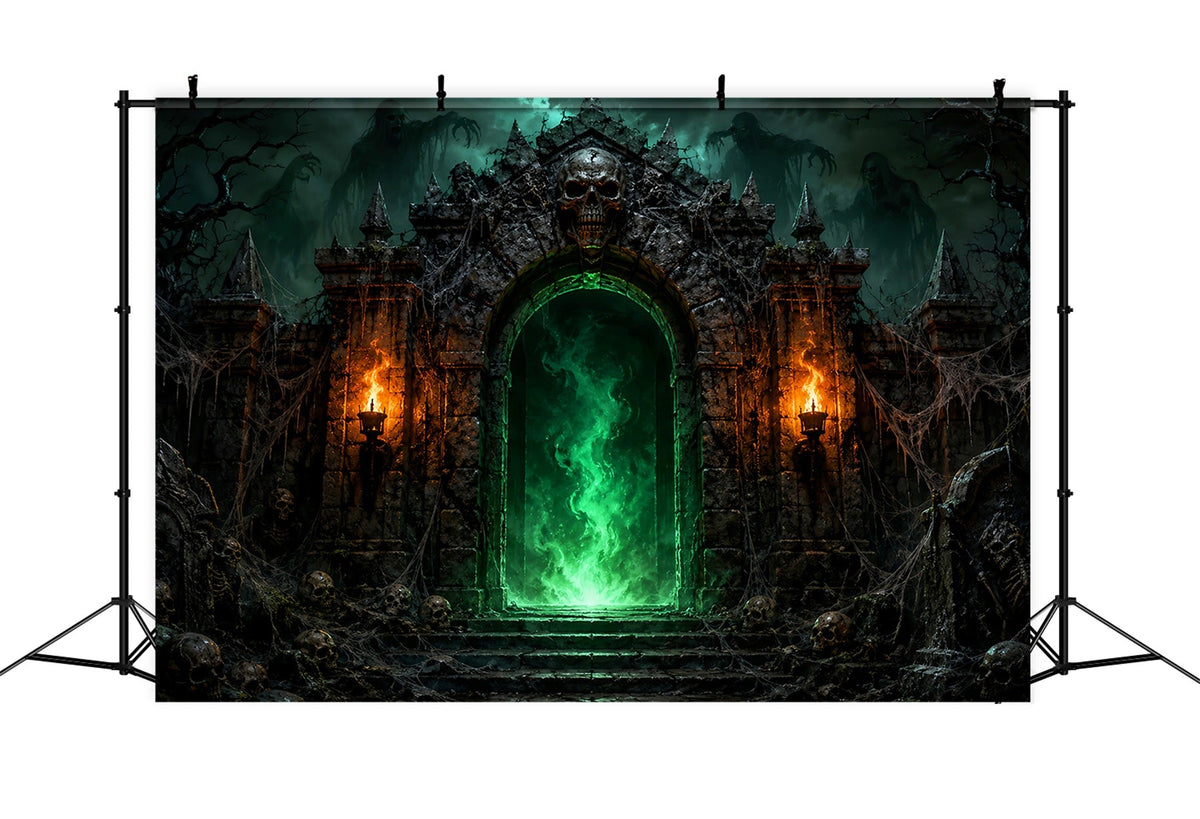Décor De Fête D'Halloween Forteresse Du Portail Du Crâne Vert Fond De Photomaton D'Halloween LXX67-166