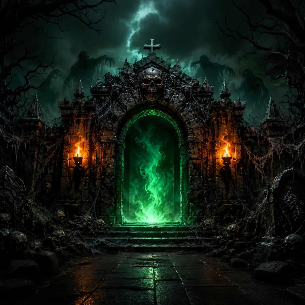 Décor De Fête D'Halloween Forteresse Du Portail Du Crâne Vert Fond De Photomaton D'Halloween LXX67-166
