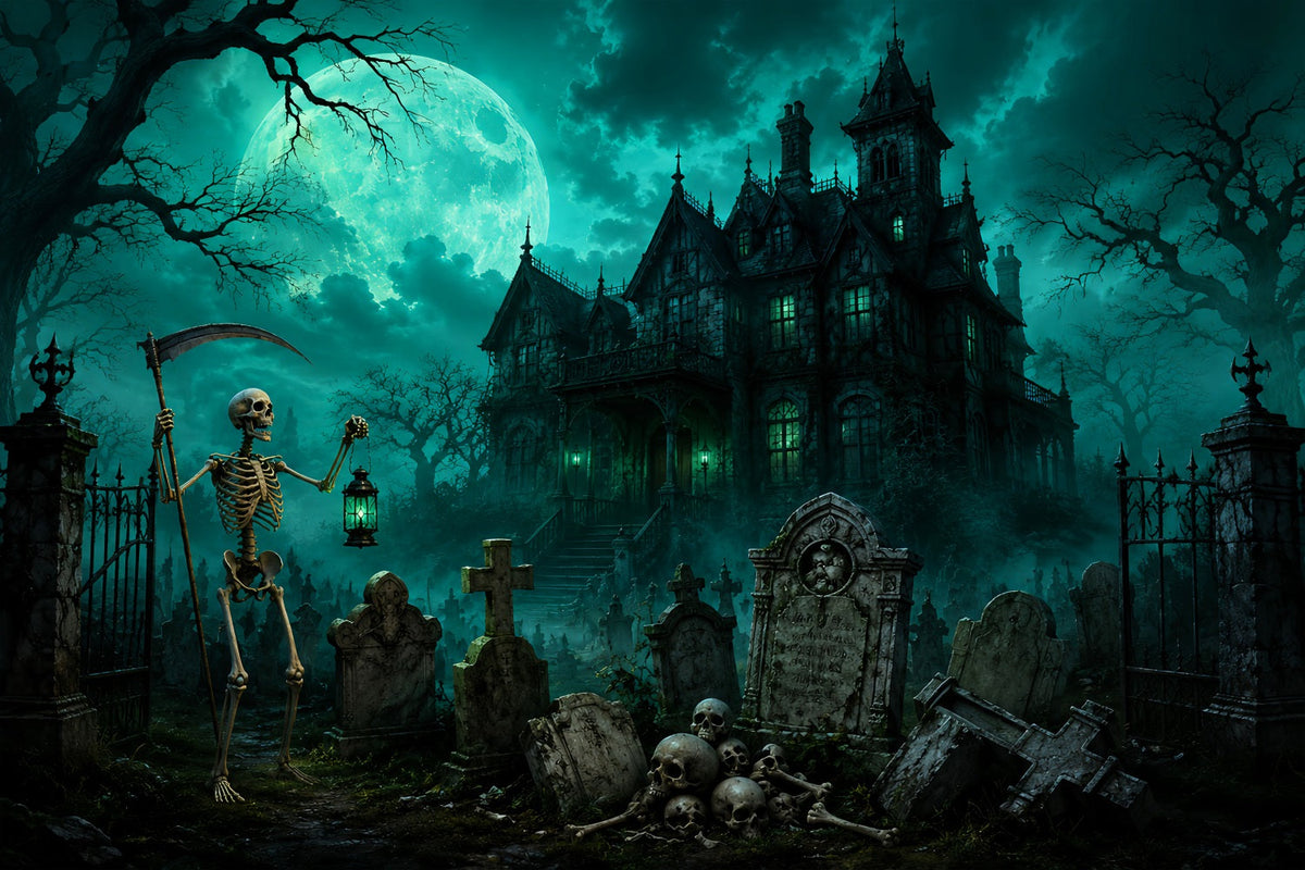 Décor De Cimetière D'Halloween Avec Squelettes Au Clair De Lune Décor De Photomaton Pour Manoir LXX67-181