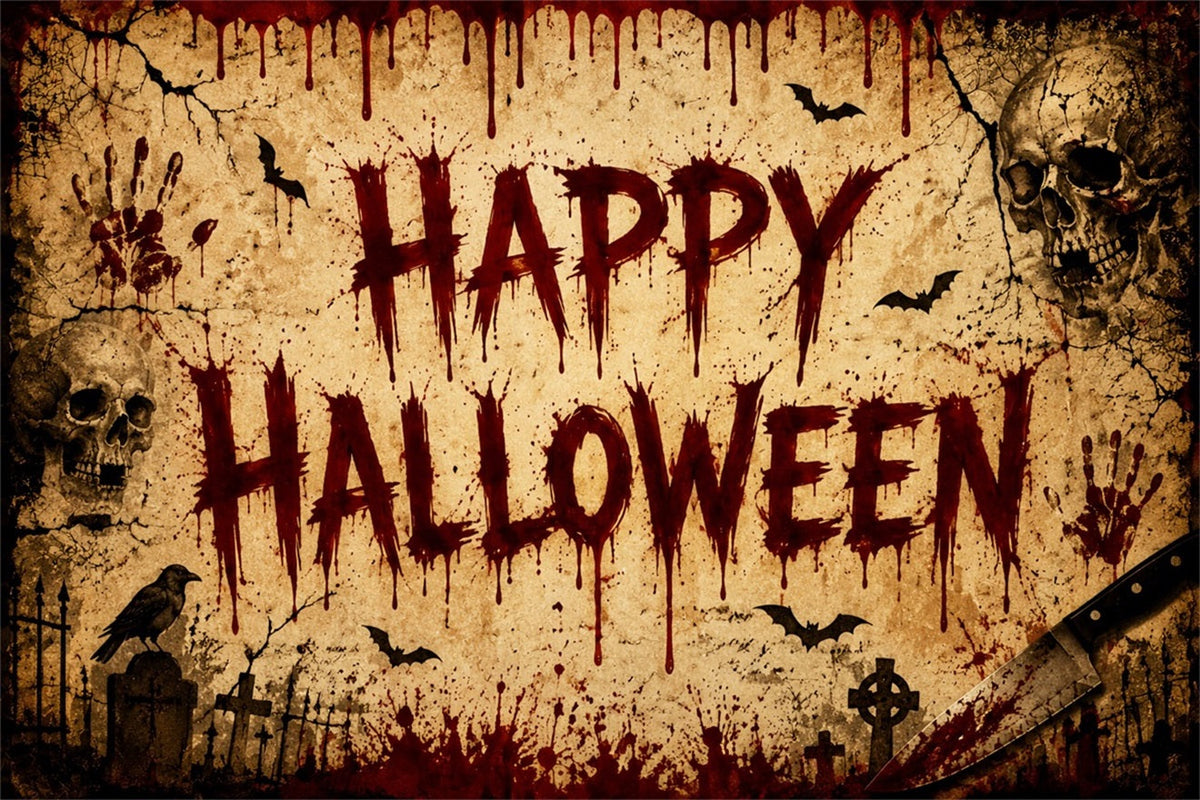 Décor D'Halloween Sanglant Avec Crânes En ParcheminChauves-Souris Et Empreintes De Mains LXX67-2