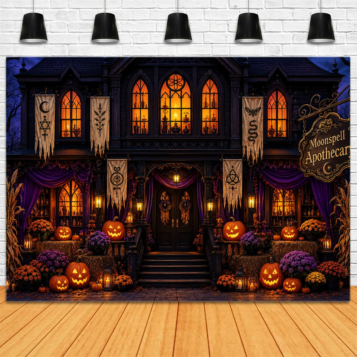 Décor De Fond D'Halloween Pour Photos açade D'Apothicaire Gothique Avec CitrouilleDécor De Fond LXX67-209