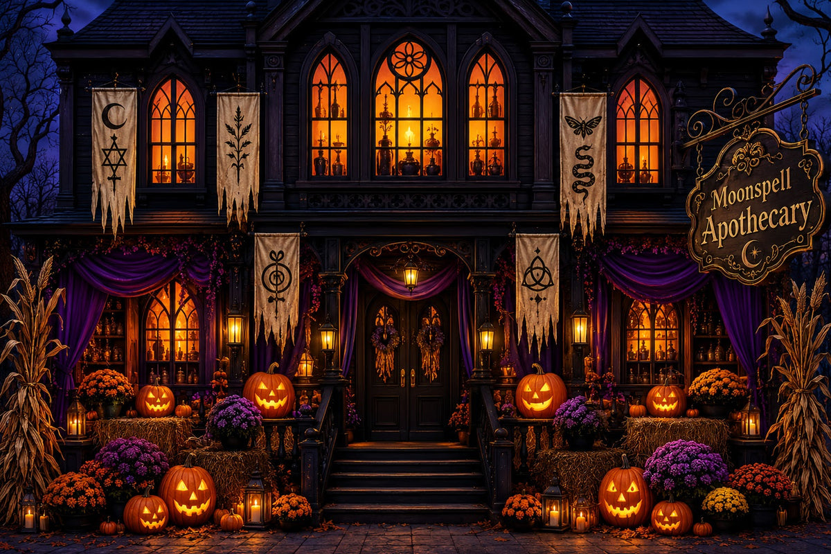 Décor De Fond D'Halloween Pour Photos açade D'Apothicaire Gothique Avec CitrouilleDécor De Fond LXX67-209