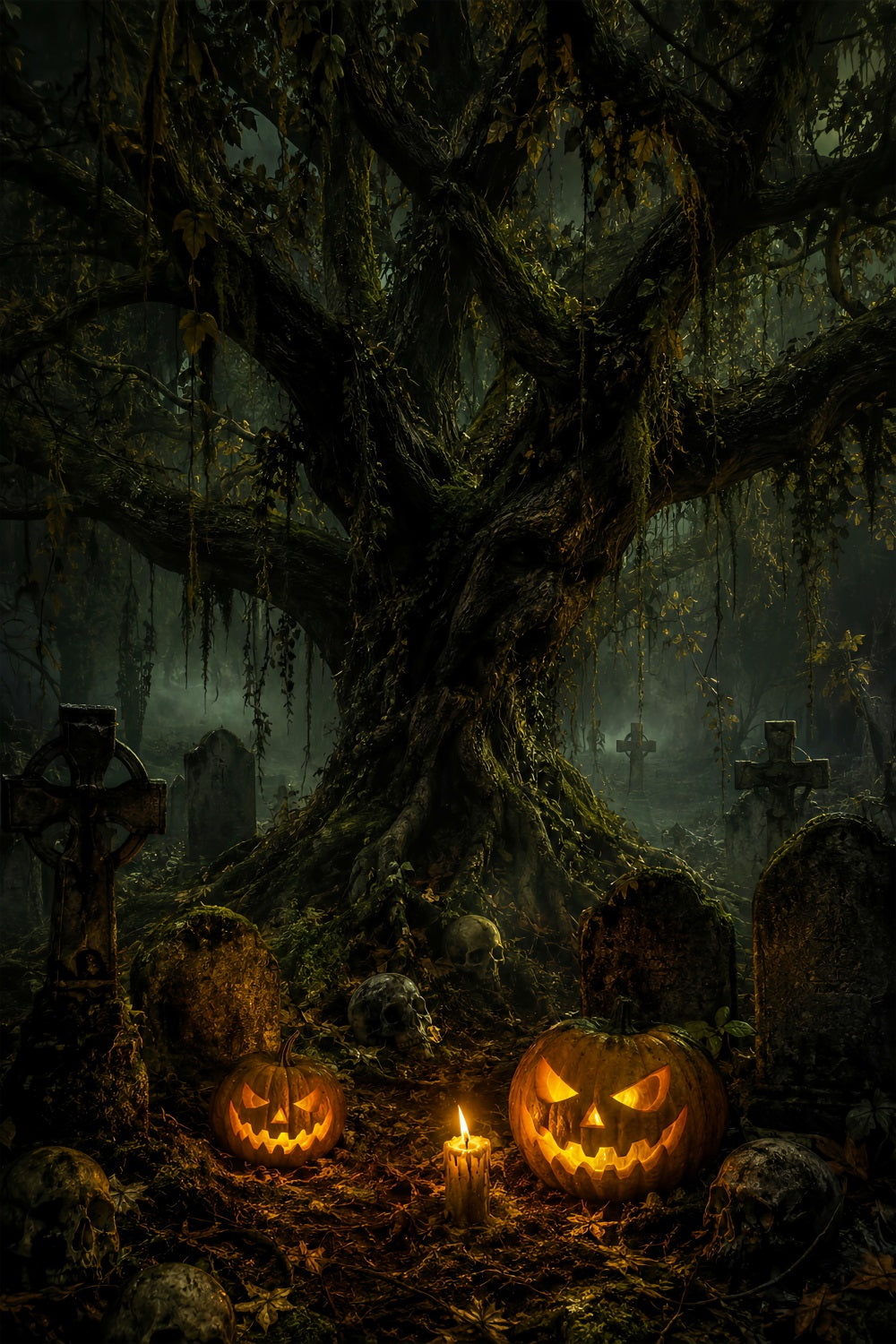Décor De Cimetière Avec Crâne Moussu Et CitrouilleIdéal Pour Les Photos D'Halloween LXX67-215