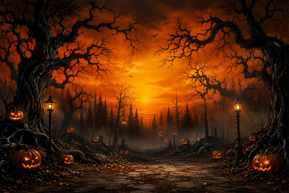 Décor De Forêt Hantée Au Coucher Du Soleil Chemin Forestier Avec Citrouilles Décor Effrayant LXX67-217