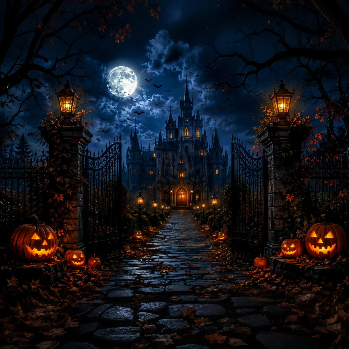 Décor Mural D'Halloween Forêt Hantée Porte De Château Gothique Au Clair De Lune LXX67-218