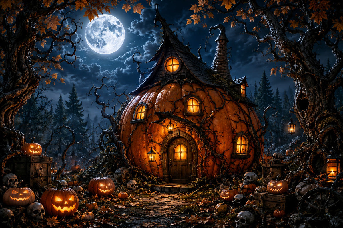 Décor De Forêt Magique Au Clair De Lune Citrouille Maison De Sorcière Toiles De Fond Pour D'Halloween LXX67-222