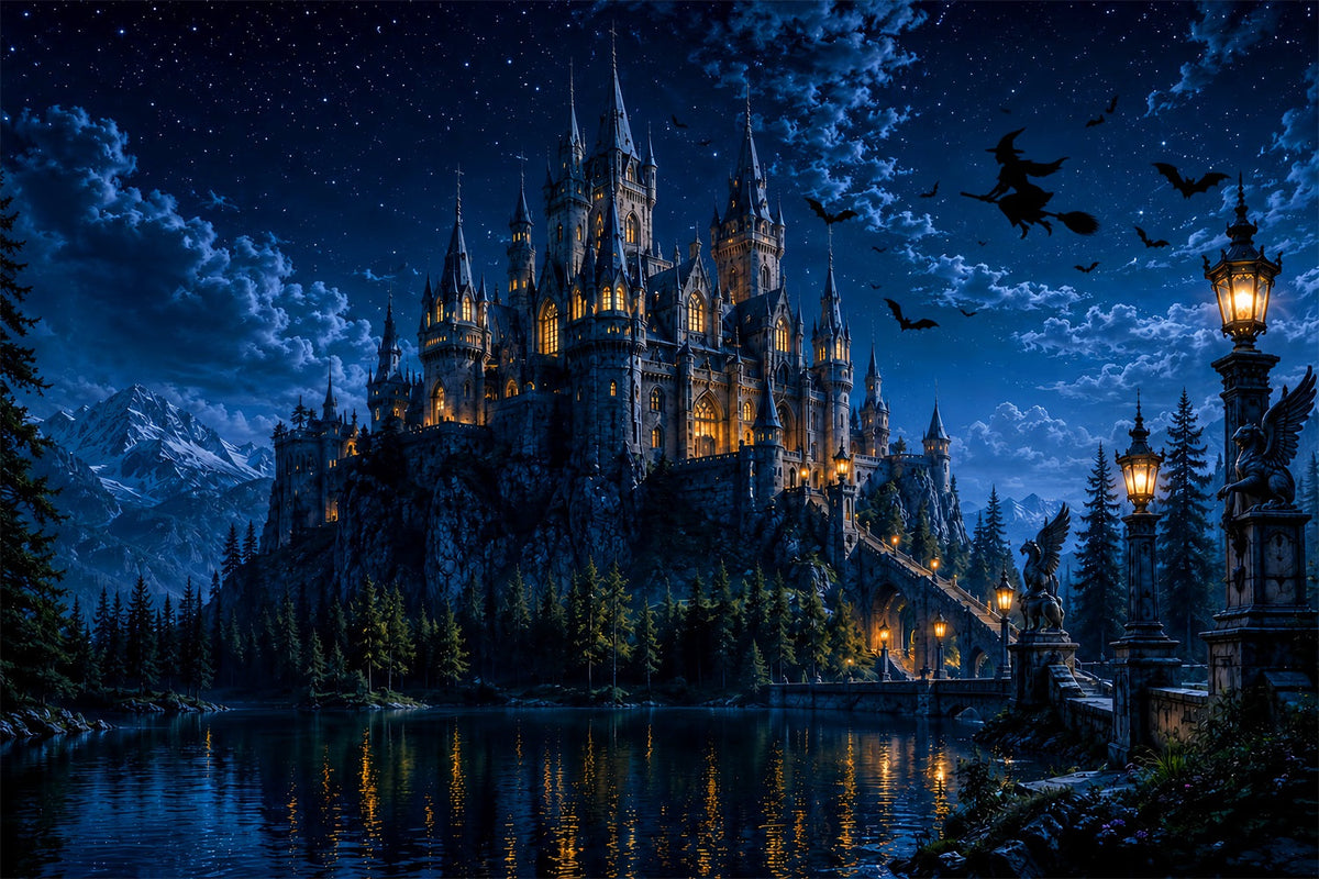 Décor De Château Hanté Maison De Sorcière Au Clair De Lune Lac Décor Photo D'Halloween LXX67-233