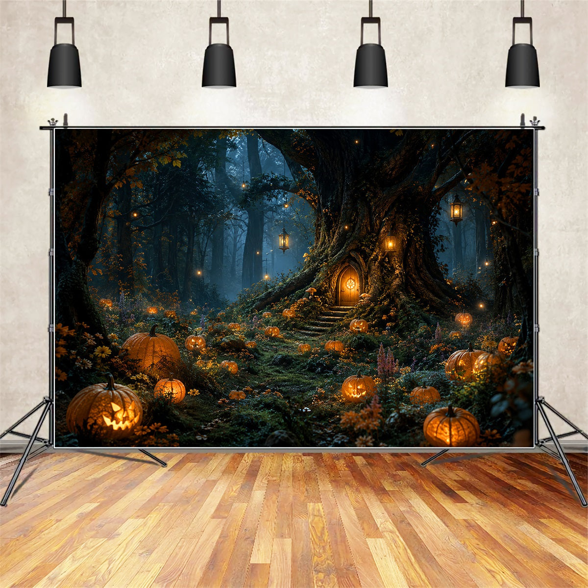 Fond De Photographie D'Halloween Forêt Effrayante Illuminée Par Des Lanternes Citrouille Arbre Chalet LXX67-239