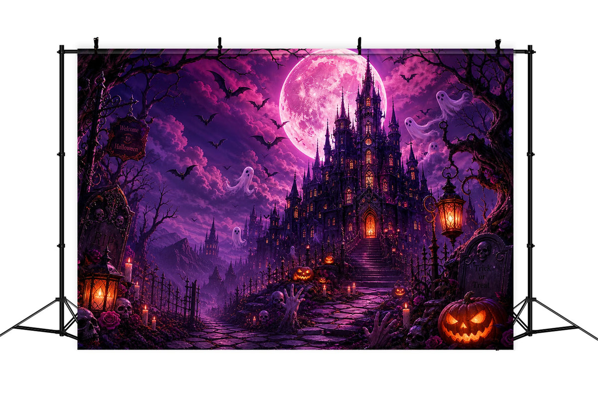 Décors D'Halloween Cimetière Lune Violette Château Fantôme Décor D'Halloween Rose LXX67-248