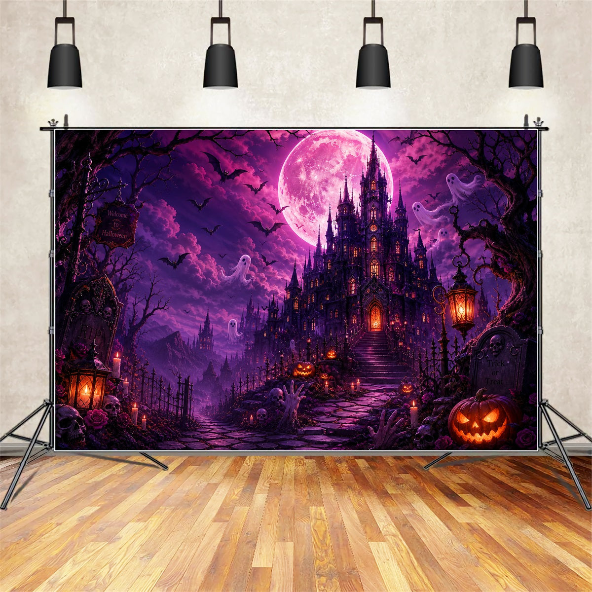 Décors D'Halloween Cimetière Lune Violette Château Fantôme Décor D'Halloween Rose LXX67-248