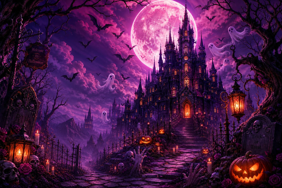 Décors D'Halloween Cimetière Lune Violette Château Fantôme Décor D'Halloween Rose LXX67-248