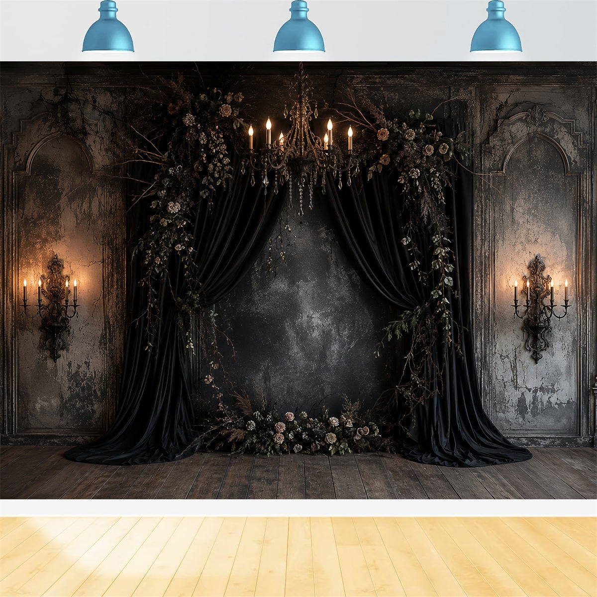Fond De Mariage Gothique Avec Alcôve Florale Drapée Noire Et Citrouille LXX67-257