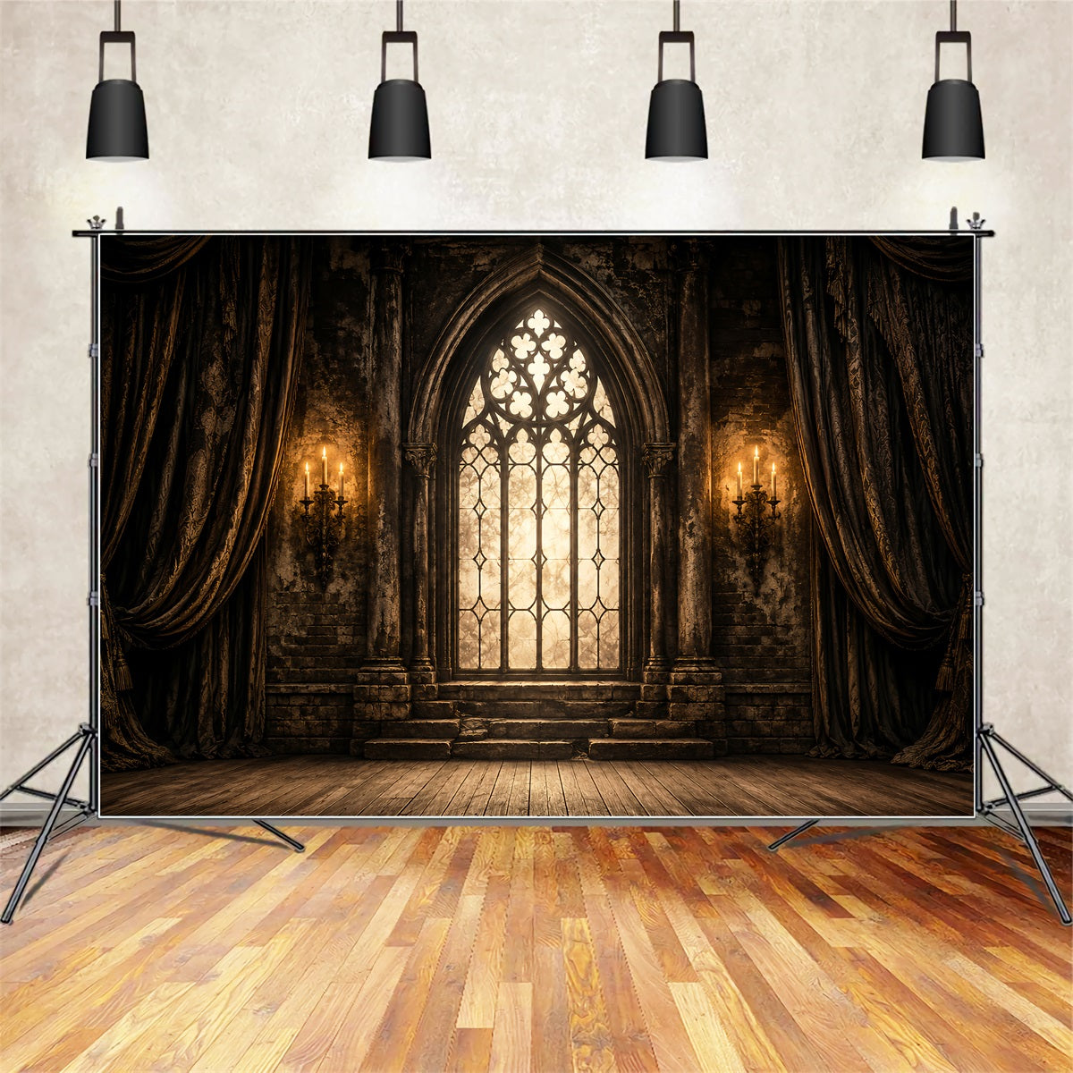 Décor De Scène D'Halloween Bougies De Style Gothique Vitrail De Cathédrale Toile De Fond LXX67-38