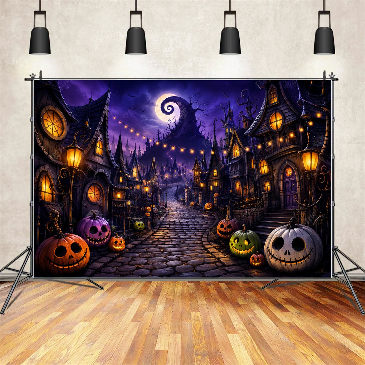 Toiles De Fond Photographiques Halloween Village De Citrouilles Violettes RueDécor De Ville D'Halloween LXX67-40