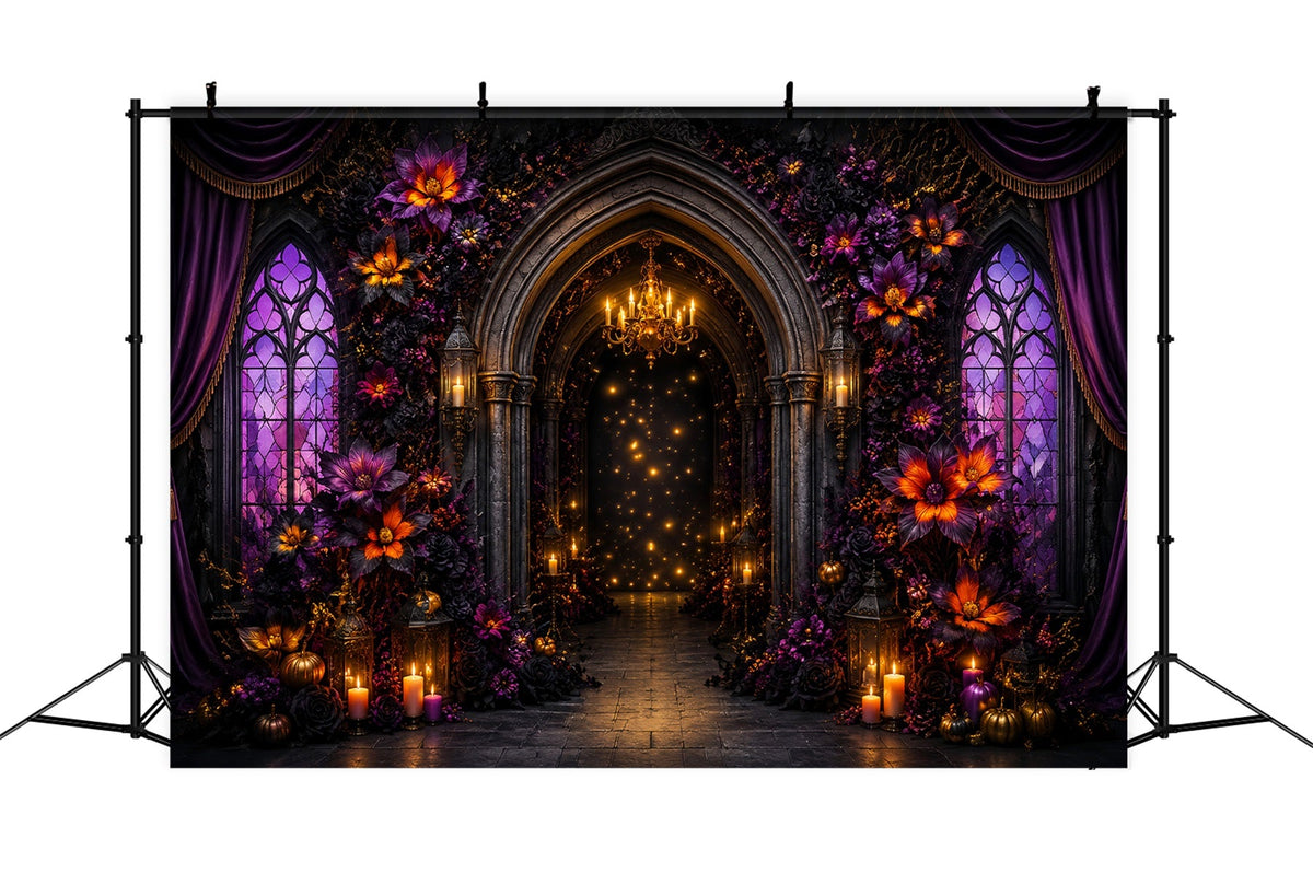 Décor De Scène D'Halloween Arche Gothique Florale Violette LXX67-51