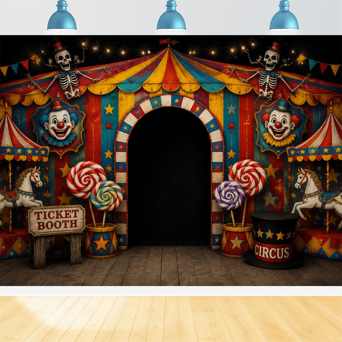 Décors Photo Effrayants Pour Halloween Squelette ClownEntrée De Cirque Décor Joyeux Halloween LXX67-52