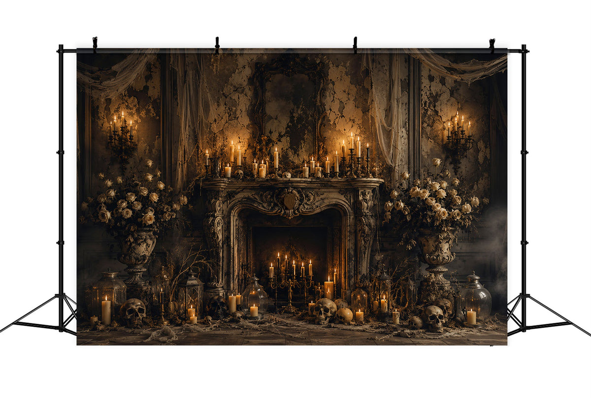 Toile De Fond En Tissu Pour Halloween Style Gothique Bougie Crâne Et CheminéeIdéale Pour Les Photos LXX67-61